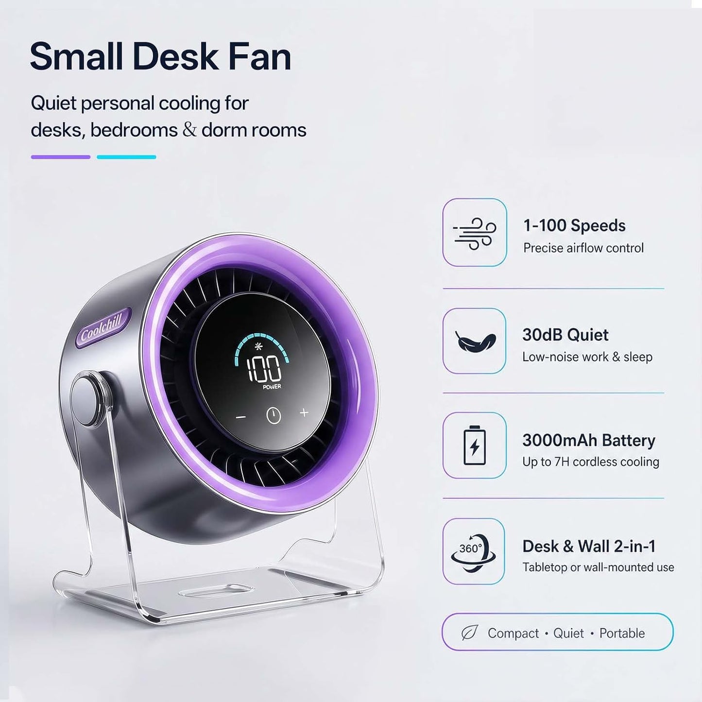 LIMITED TIME color way USB Desk Fan, Rechargeable & Wall-Mountable, Digital display