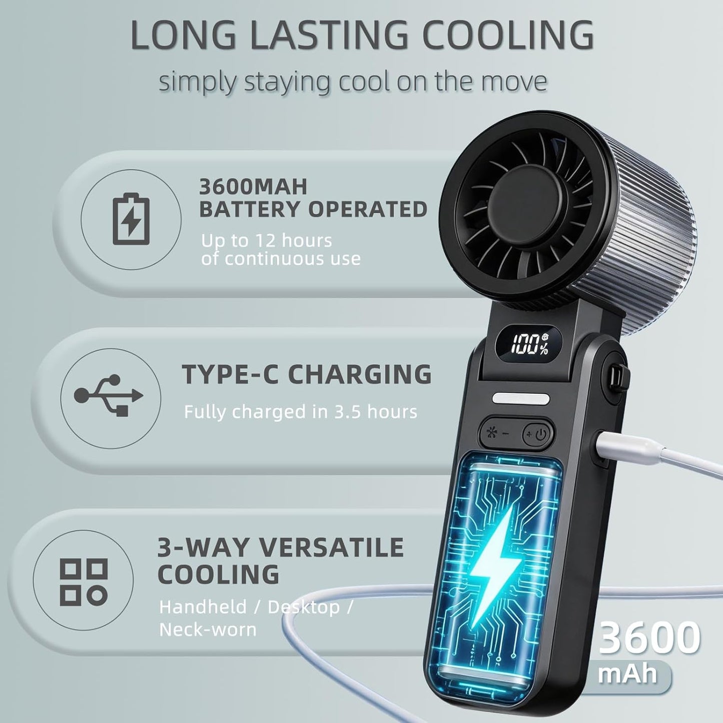 Portable Handheld Fan, 5 Speed, Foldable, Digital Display