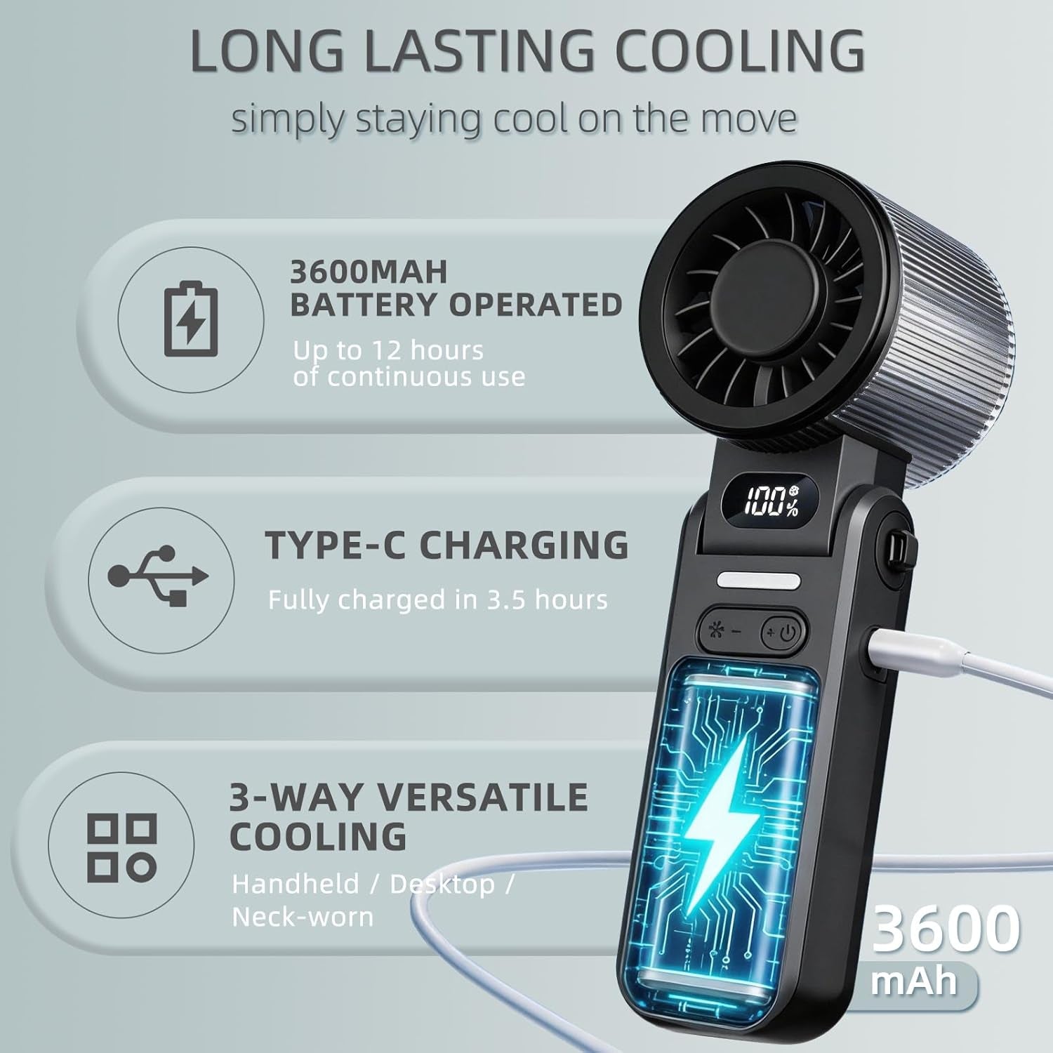 Portable Handheld Fan, 5 Speed, Foldable, Digital Display