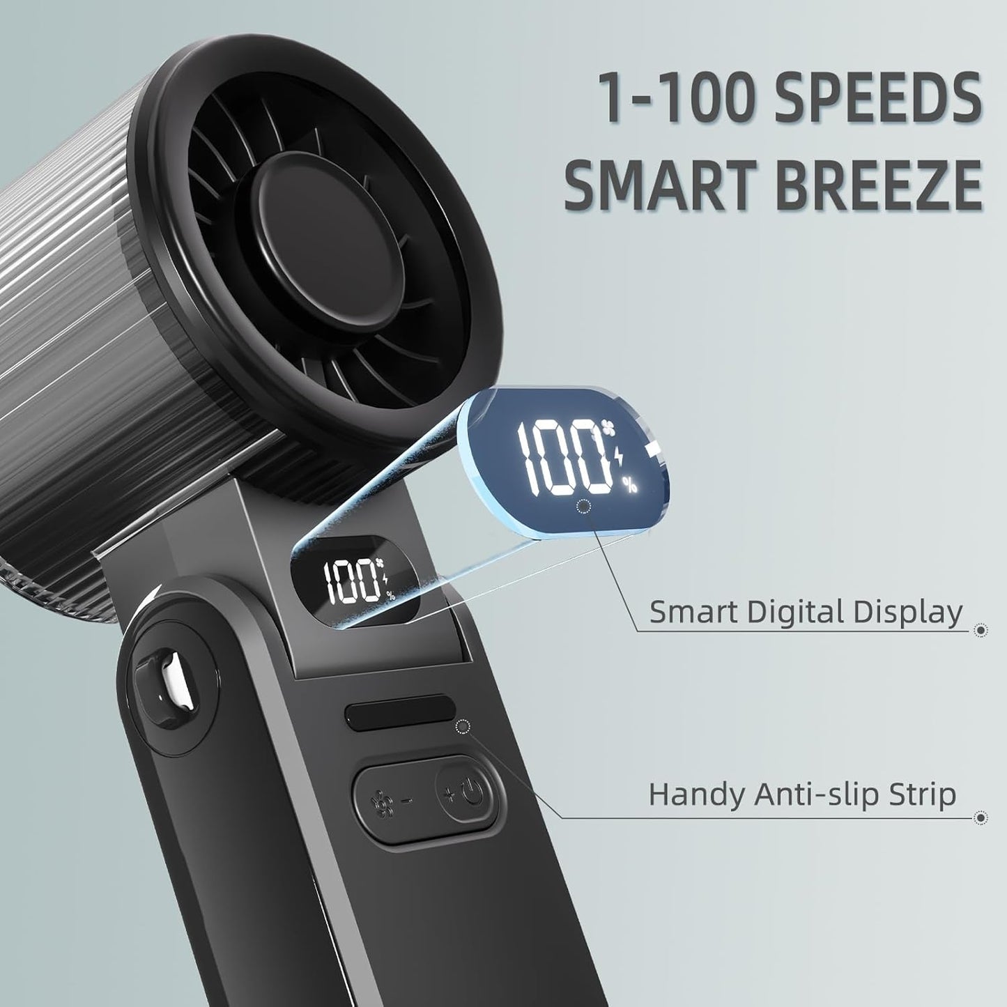 Portable Handheld Fan, 5 Speed, Foldable, Digital Display